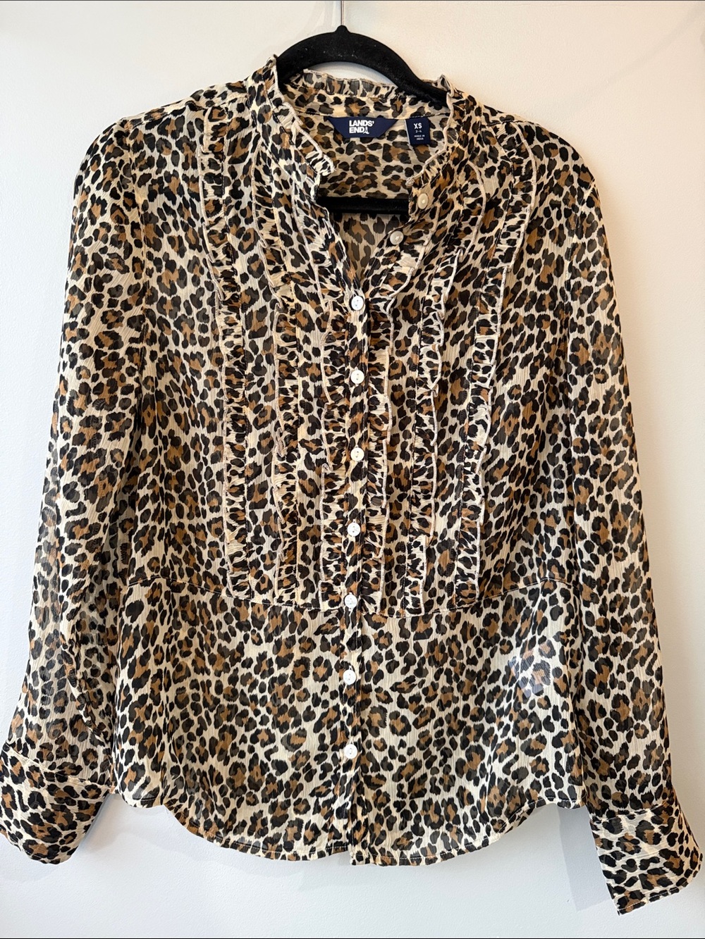 Lands' End Women's Leopard Print Button-Down Shirt - Black, Brown, Cream XS 2-4
